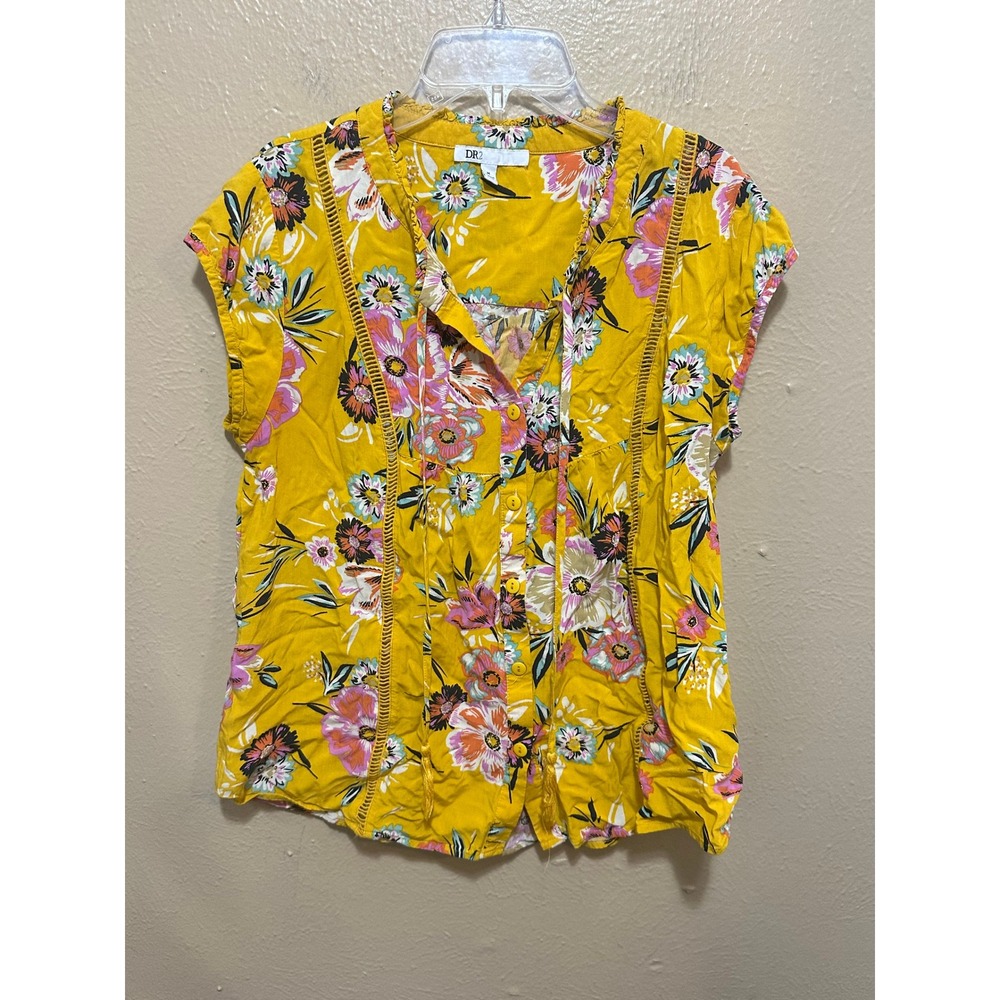 DR2 Yellow‎ Floral Print Blouse Top Women's Size M Summer Sleeveless
